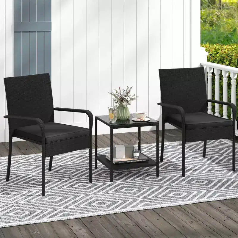 Costway 3 PCS Patio Furniture Set with 2-Tier Table Tempered Glass Tabletop & Soft Cushions White/Black/Brown