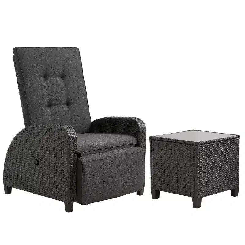 Heynemo Transat Réglable en Rotin, Chaise Longue d'Extérieur avec Dossier et Repose-Pieds, Mobilier de Jardin en Osier Résistant aux Intempéries avec Table d'Appoint de Rangement