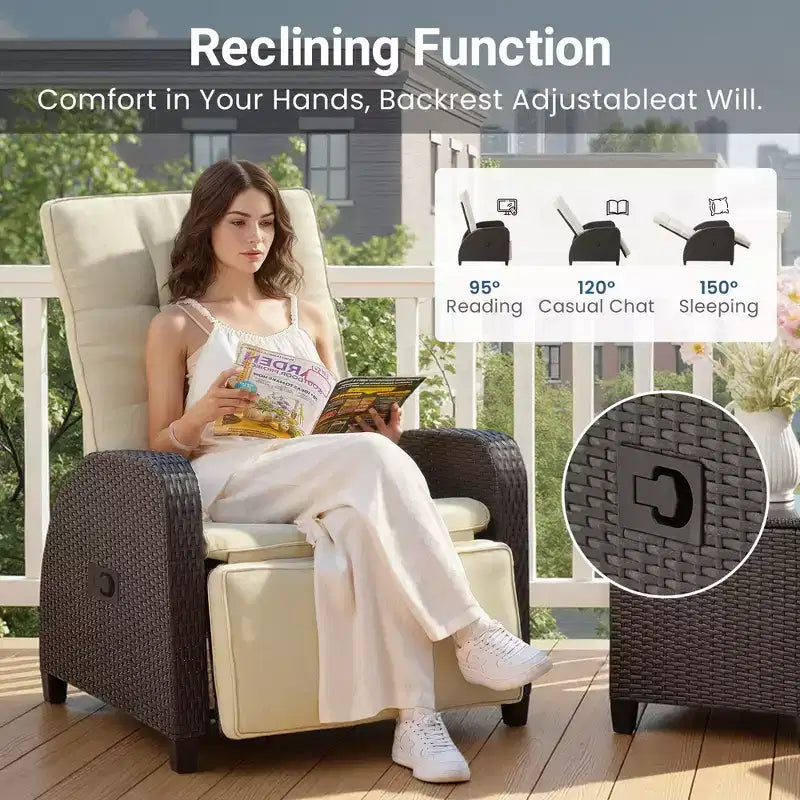 Heynemo Transat Réglable en Rotin, Chaise Longue d'Extérieur avec Dossier et Repose-Pieds, Mobilier de Jardin en Osier Résistant aux Intempéries avec Table d'Appoint de Rangement