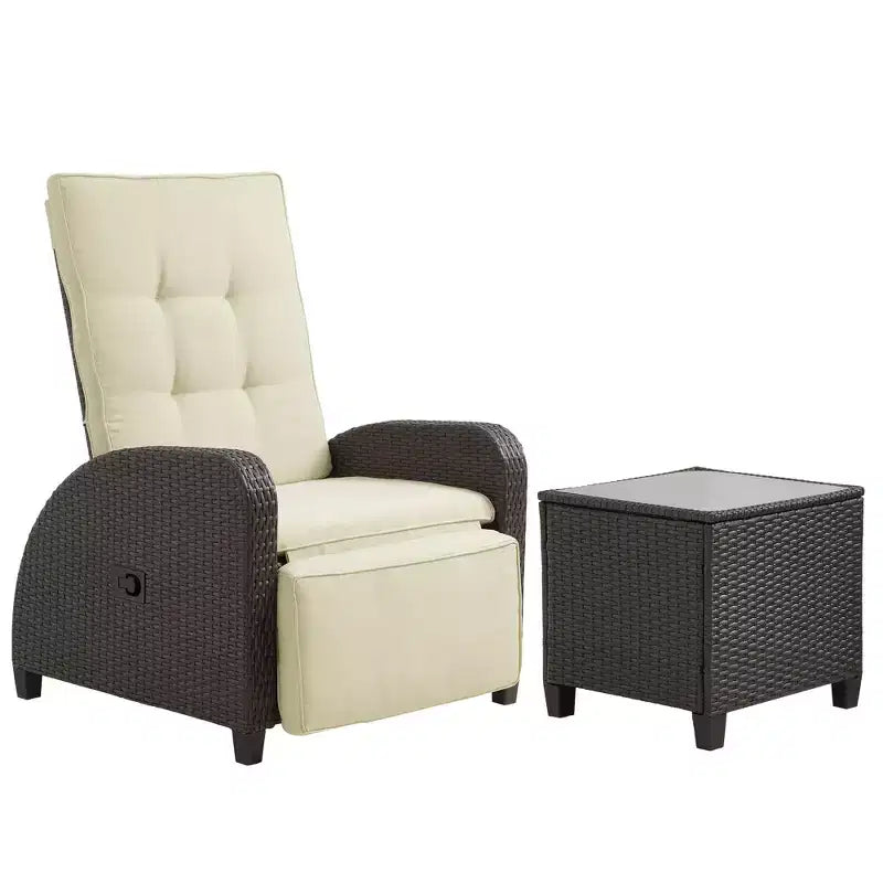 Heynemo Transat Réglable en Rotin, Chaise Longue d'Extérieur avec Dossier et Repose-Pieds, Mobilier de Jardin en Osier Résistant aux Intempéries avec Table d'Appoint de Rangement