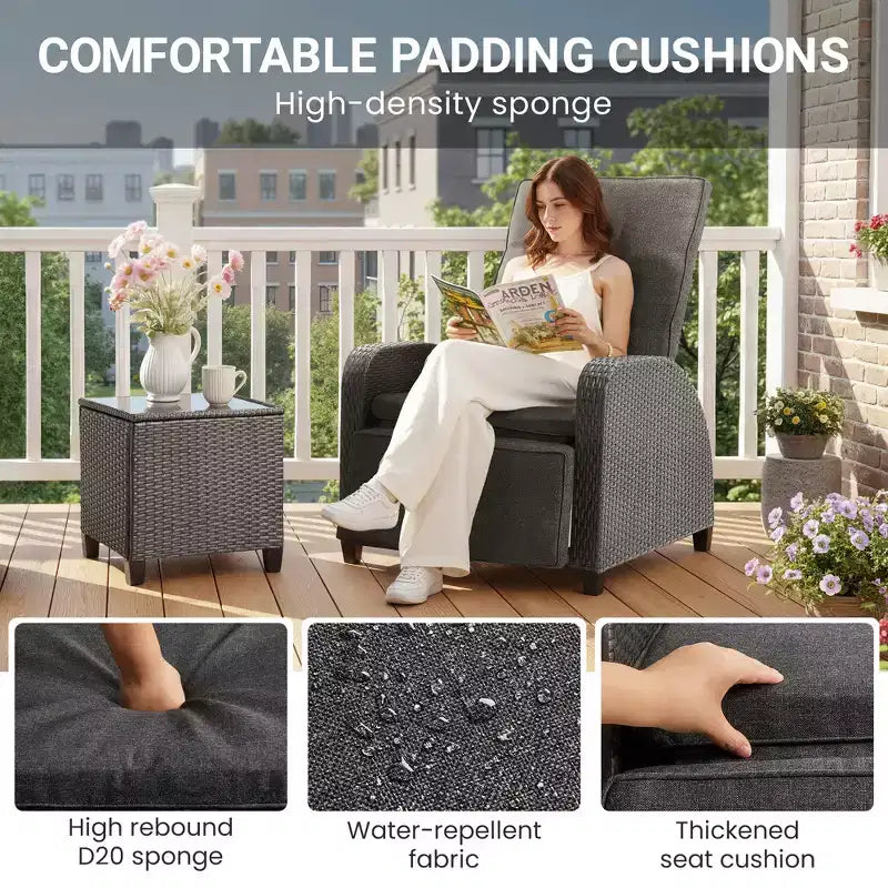 Heynemo Transat Réglable en Rotin, Chaise Longue d'Extérieur avec Dossier et Repose-Pieds, Mobilier de Jardin en Osier Résistant aux Intempéries avec Table d'Appoint de Rangement
