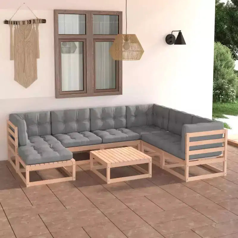 vidaXL Ensemble de Mobilier de Jardin 8 Pièces Canapé d'Angle d'Extérieur en Bois de Pin Massif - Naturel avec Coussins