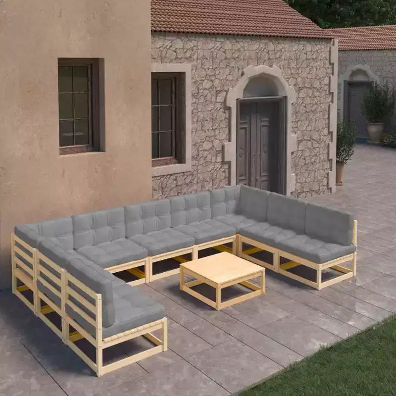 vidaXL Ensemble de salon de jardin 10 pièces avec coussins Bois de pin massif - Naturel avec coussin