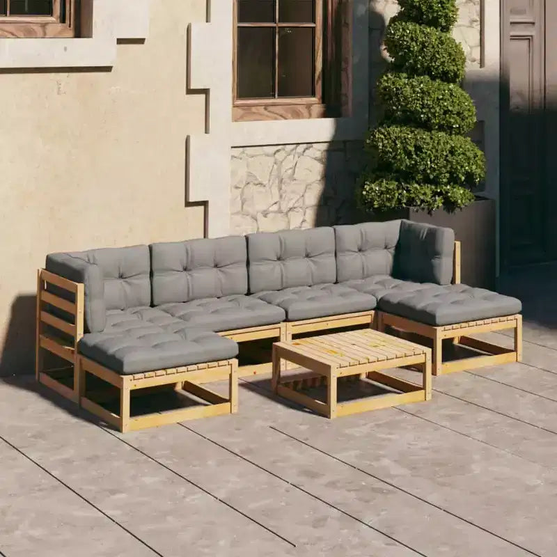 vidaXL Salon de jardin 7 pcs avec coussins Bois de pin massif - Naturel, coussin inclus