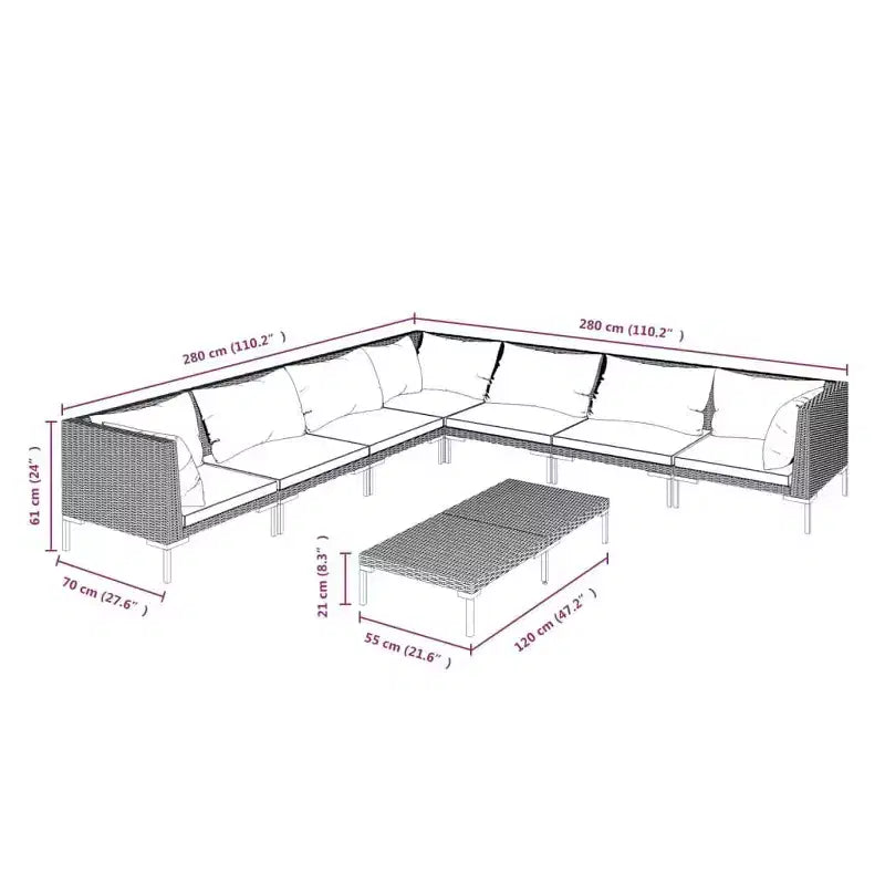 vidaXL Salon de jardin modulaire avec table, Résine tressée, Gris foncé