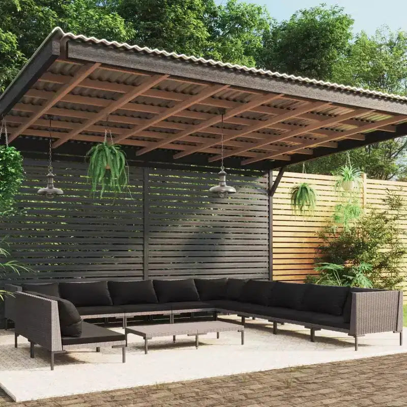 vidaXL Salon de jardin modulaire d'extérieur 12 pièces en polyrotin gris foncé avec coussins - Parfait pour le jardin, la terrasse ou le patio