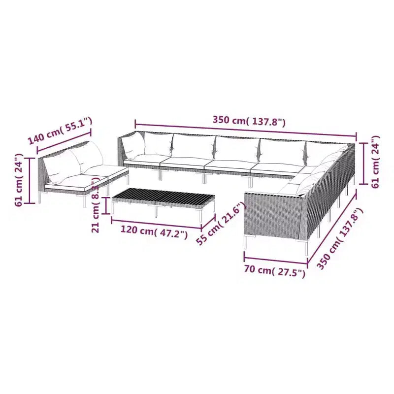 vidaXL Salon de jardin modulaire d'extérieur 12 pièces en polyrotin gris foncé avec coussins - Parfait pour le jardin, la terrasse ou le patio