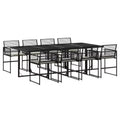 vidaXL Patio Dining Set 9-Piece Black Poly Rattan Synthetic Garden Furniture with Cushions, Rectangular Glass Table, Foldable Chairs