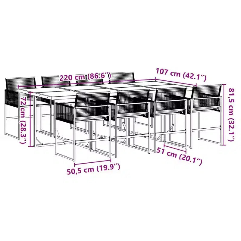vidaXL Ensemble de salle à manger d'extérieur 9 pièces en résine tressée noire avec coussins, table rectangulaire en verre, chaises pliantes