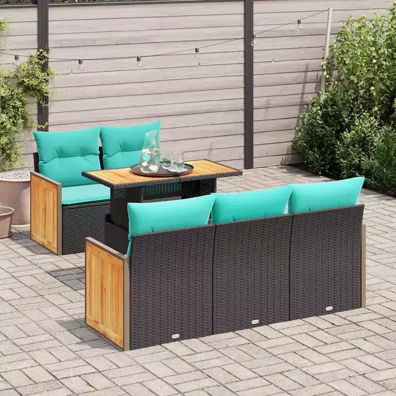 vidaXL Salon de jardin 6 pcs avec coussins Noir Résine tressée Acacia