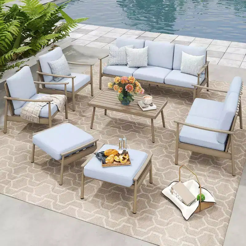 HAPPATIO Ensemble de conversation de jardin 7 pièces avec 1 canapé trois places, 1 table basse, 1 causeuse, 2 canapés