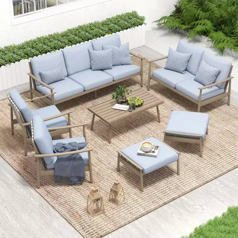 HAPPATIO Ensemble de conversation de jardin 7 pièces avec 1 canapé trois places, 1 table basse, 1 causeuse, 2 canapés