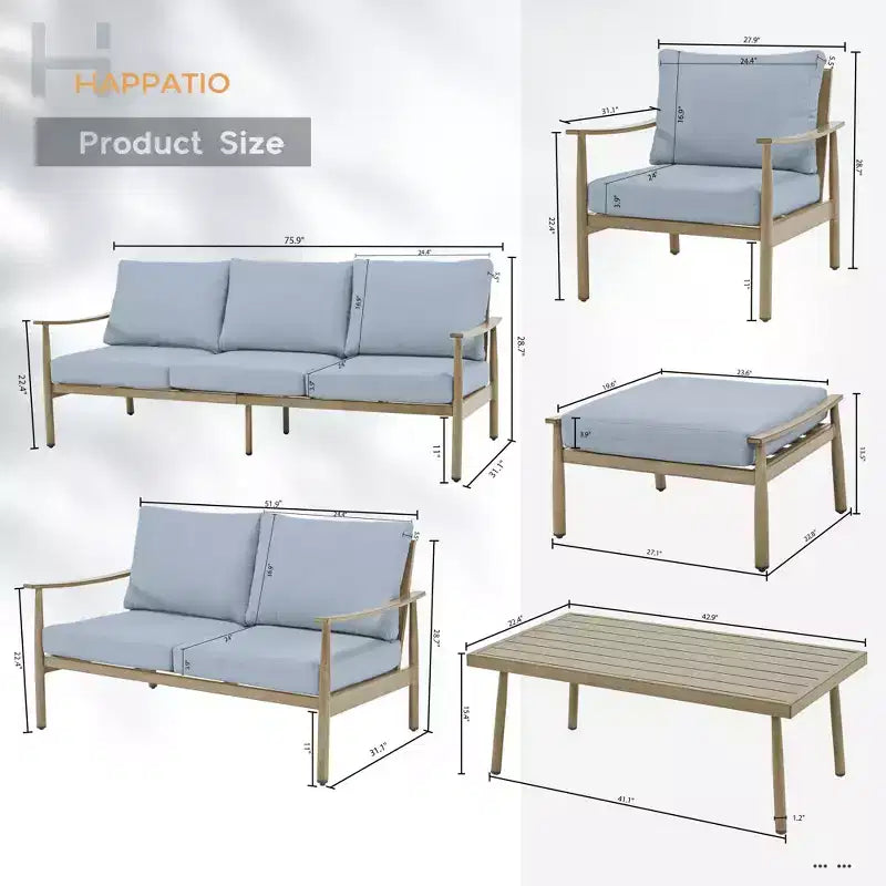 HAPPATIO Ensemble de conversation de jardin 7 pièces avec 1 canapé trois places, 1 table basse, 1 causeuse, 2 canapés