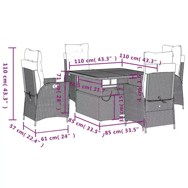 vidaXL Ensemble de salle à manger d'extérieur 5 pièces avec coussins - Chaises inclinables réglables et table relevable, rotin synthétique noir, mobilier d'extérieur résistant aux intempéries