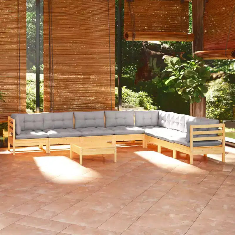 vidaXL Salon de jardin 9 pièces en pin massif avec coussins - Marron et gris