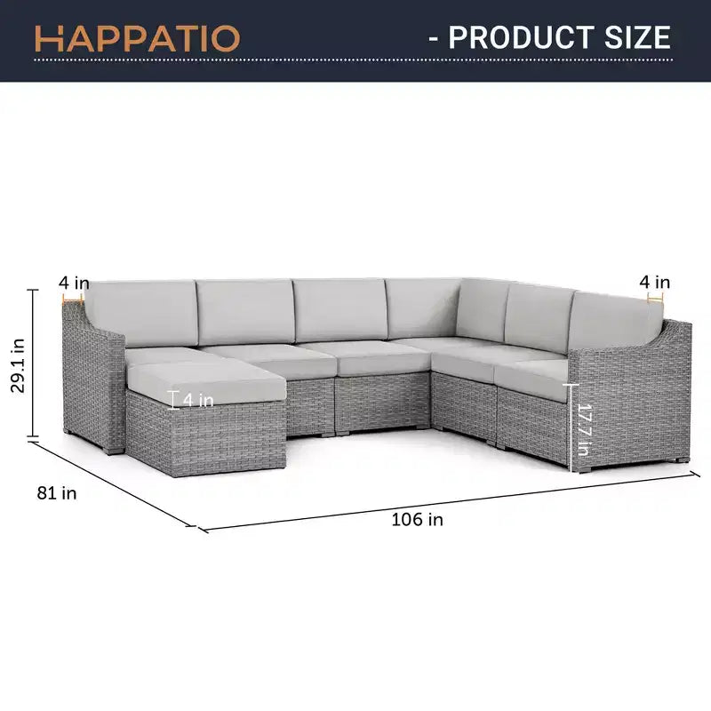 HAPPATIO Ensemble de conversation de terrasse 7 pièces, canapé d'extérieur en osier, ensemble de meubles de terrasse toutes saisons, canapé modulable. Ensemble de section de patio.