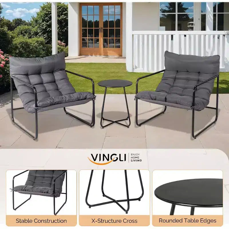 VINGLI Ensemble de 3 Chaises de Patio avec Table d'appoint, Chaises d'extérieur/d'intérieur avec Coussins épais, Capacité de 180 kg, Gris