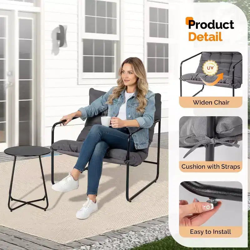 VINGLI Ensemble de 3 Chaises de Patio avec Table d'appoint, Chaises d'extérieur/d'intérieur avec Coussins épais, Capacité de 180 kg, Gris