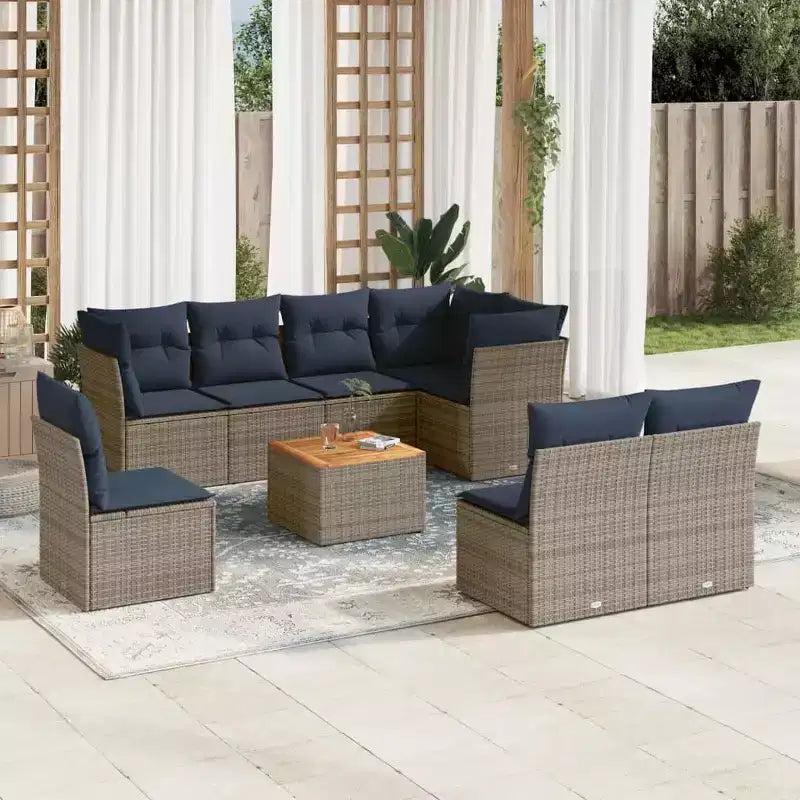 vidaXL Salon de jardin 9 pièces avec coussins Gris Résine tressée