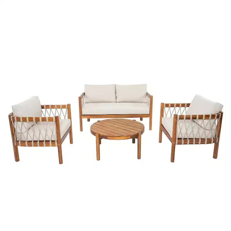 Christopher Knight Home Adalyn Ensemble de 4 pièces de sièges d'extérieur en bois d'acacia avec table et coussins