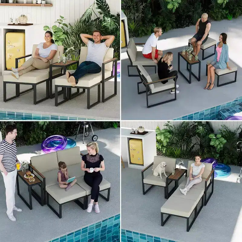 LAUSAINT HOME Ensemble de conversation d'extérieur 5 pièces avec coussins épais 2 poufs et table d'appoint