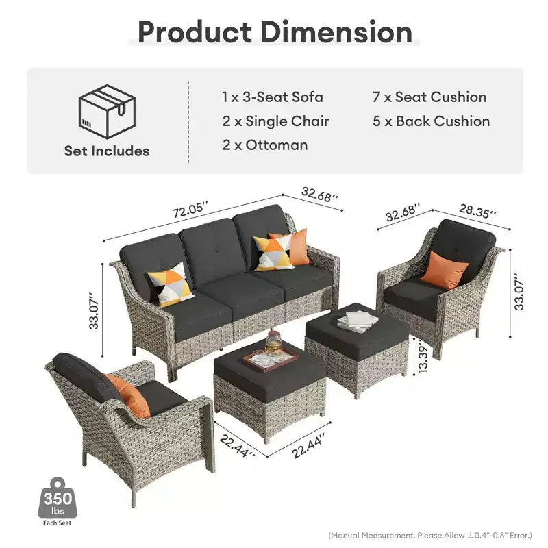 HOMLUX Ensemble de conversation d'extérieur 5 pièces, canapé de patio 3 places avec coussin, fauteuils en rotin à dossier haut, poufs