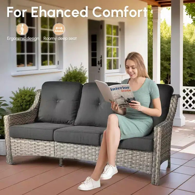 HOMLUX Ensemble de conversation d'extérieur 5 pièces, canapé de patio 3 places avec coussin, fauteuils en rotin à dossier haut, poufs