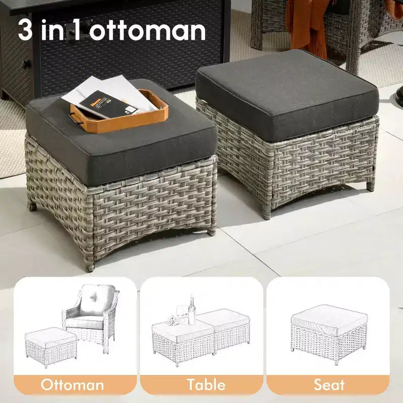 HOMLUX Ensemble de conversation d'extérieur 5 pièces, canapé de patio 3 places avec coussin, fauteuils en rotin à dossier haut, poufs