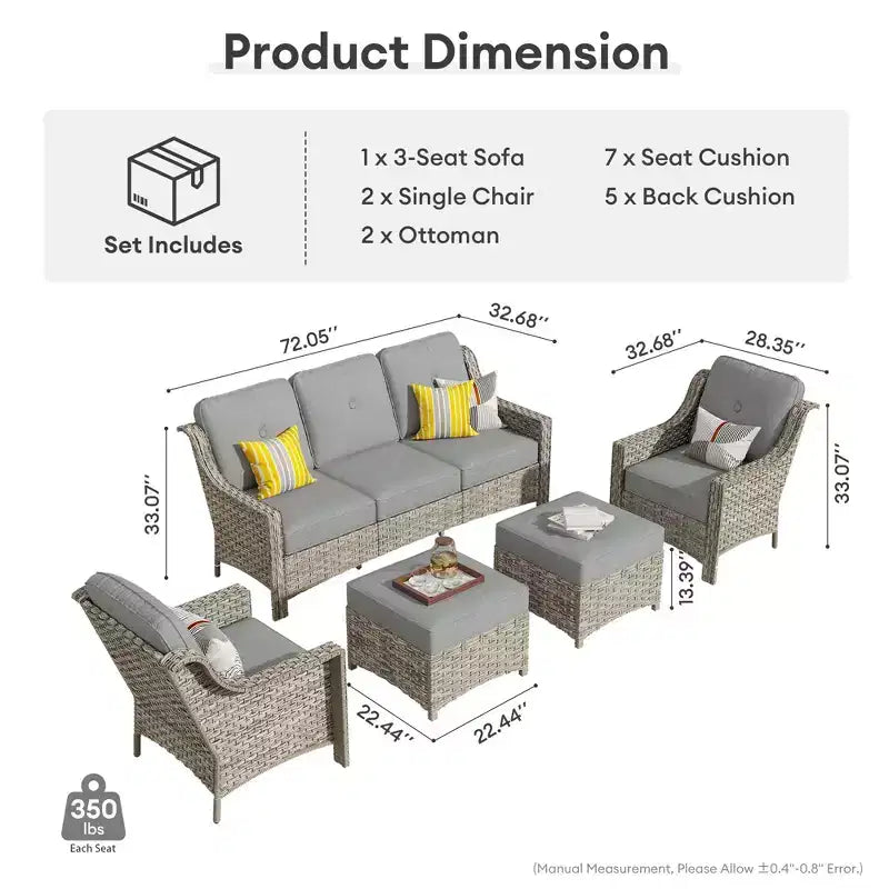 HOMLUX Ensemble de conversation d'extérieur 5 pièces, canapé de patio 3 places avec coussin, fauteuils en rotin à dossier haut, poufs
