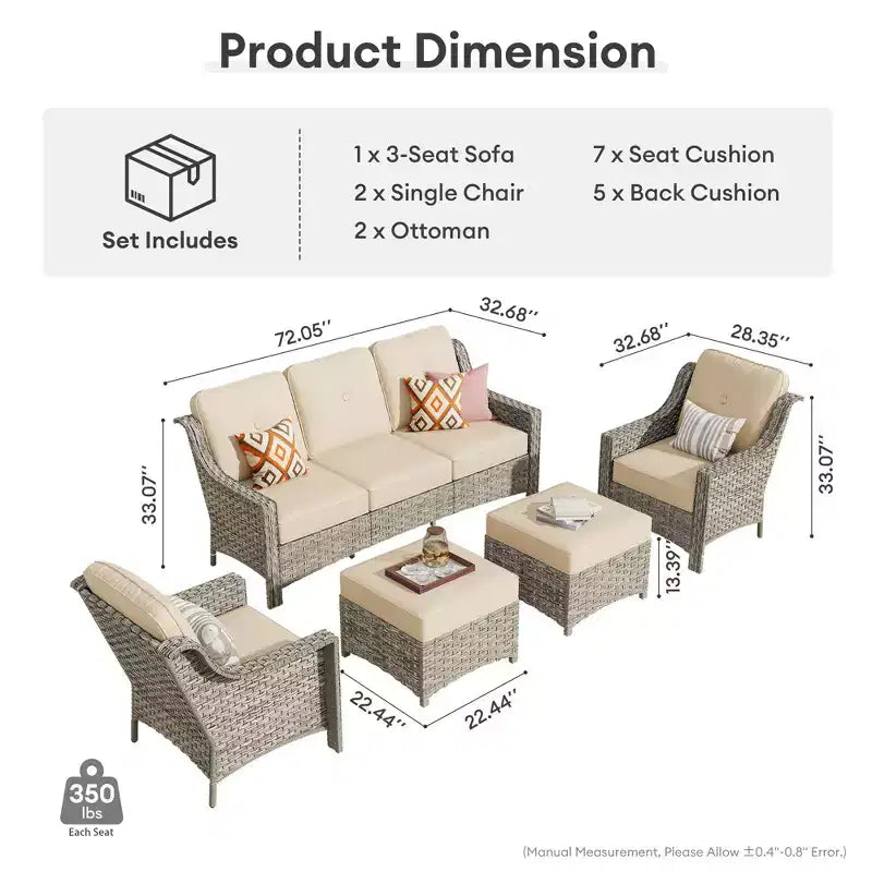 HOMLUX Ensemble de conversation d'extérieur 5 pièces, canapé de patio 3 places avec coussin, fauteuils en rotin à dossier haut, poufs