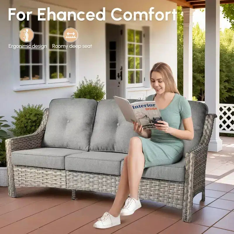 HOMLUX Ensemble de conversation d'extérieur 5 pièces, canapé de patio 3 places avec coussin, fauteuils en rotin à dossier haut, poufs