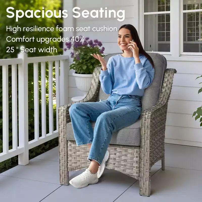 HOMLUX Ensemble de conversation d'extérieur 5 pièces, canapé de patio 3 places avec coussin, fauteuils en rotin à dossier haut, poufs