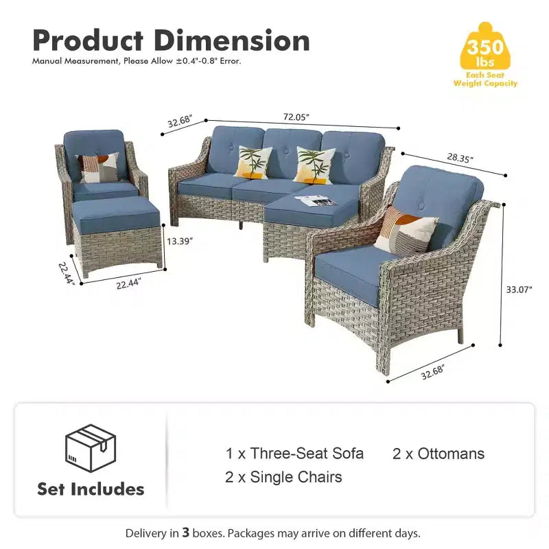 HOMLUX Ensemble de conversation d'extérieur 5 pièces, canapé de patio 3 places avec coussin, fauteuils en rotin à dossier haut, poufs