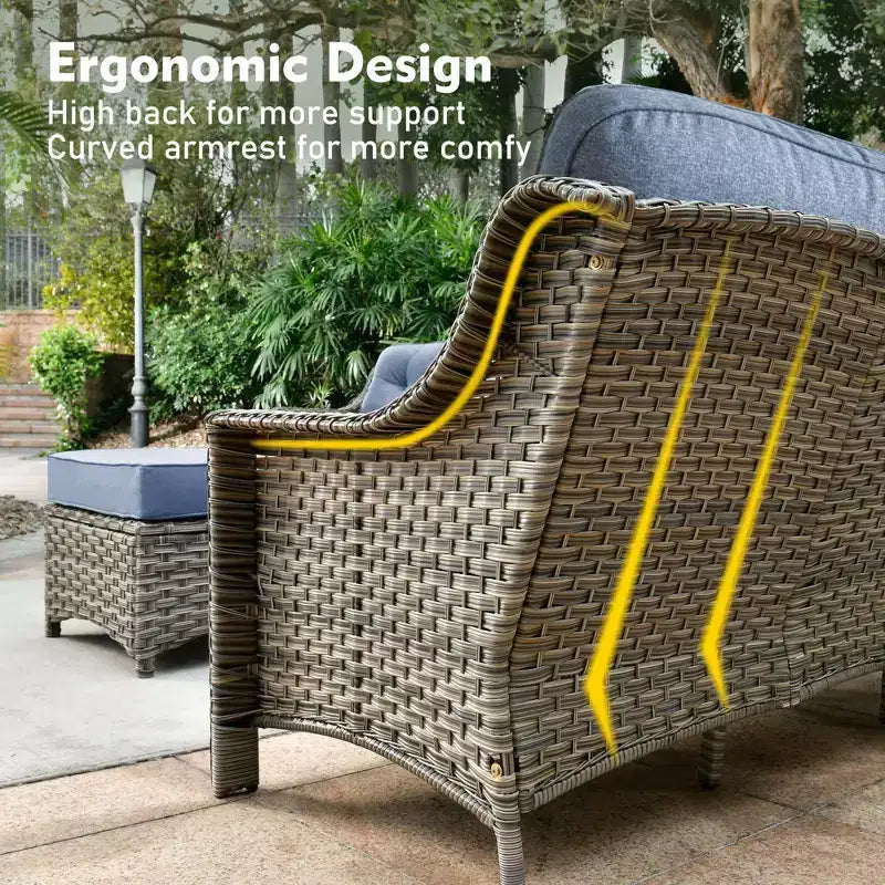 HOMLUX Ensemble de conversation d'extérieur 5 pièces, canapé de patio 3 places avec coussin, fauteuils en rotin à dossier haut, poufs