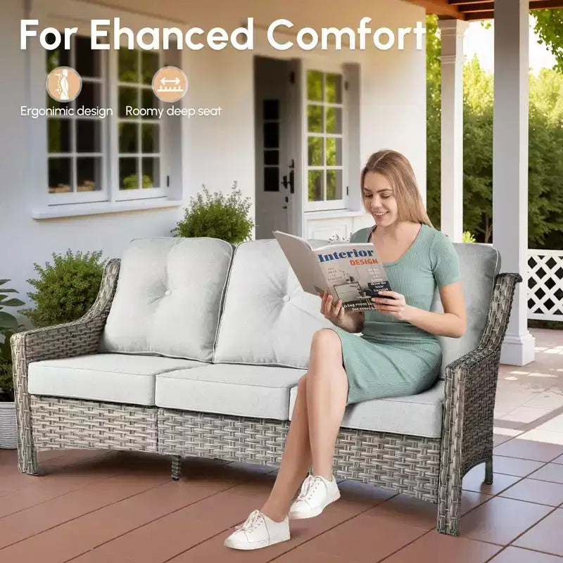 HOMLUX Ensemble de conversation d'extérieur 5 pièces, canapé de patio 3 places avec coussin, fauteuils en rotin à dossier haut, poufs