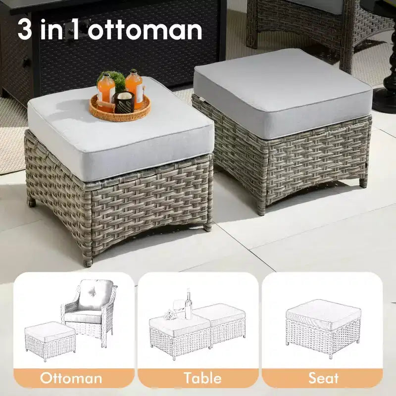 HOMLUX Ensemble de conversation d'extérieur 5 pièces, canapé de patio 3 places avec coussin, fauteuils en rotin à dossier haut, poufs