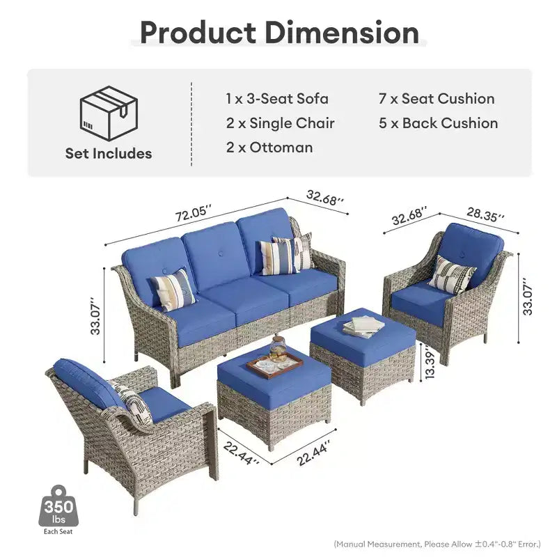 HOMLUX Ensemble de conversation d'extérieur 5 pièces, canapé de patio 3 places avec coussin, fauteuils en rotin à dossier haut, poufs