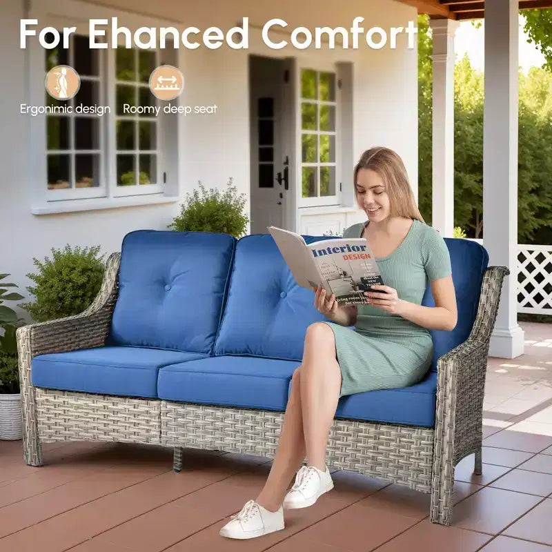 HOMLUX Ensemble de conversation d'extérieur 5 pièces, canapé de patio 3 places avec coussin, fauteuils en rotin à dossier haut, poufs