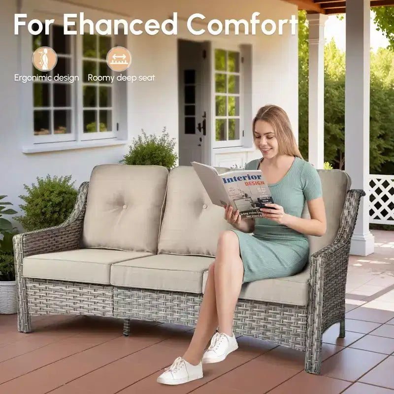 HOMLUX Ensemble de conversation d'extérieur 5 pièces, canapé de patio 3 places avec coussin, fauteuils en rotin à dossier haut, poufs