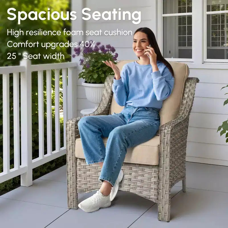 HOMLUX Ensemble de conversation d'extérieur 5 pièces, canapé de patio 3 places avec coussin, fauteuils en rotin à dossier haut, poufs