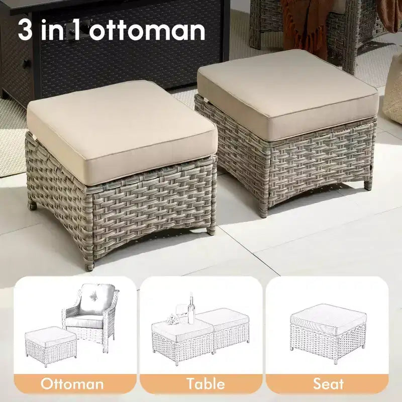 HOMLUX Ensemble de conversation d'extérieur 5 pièces, canapé de patio 3 places avec coussin, fauteuils en rotin à dossier haut, poufs