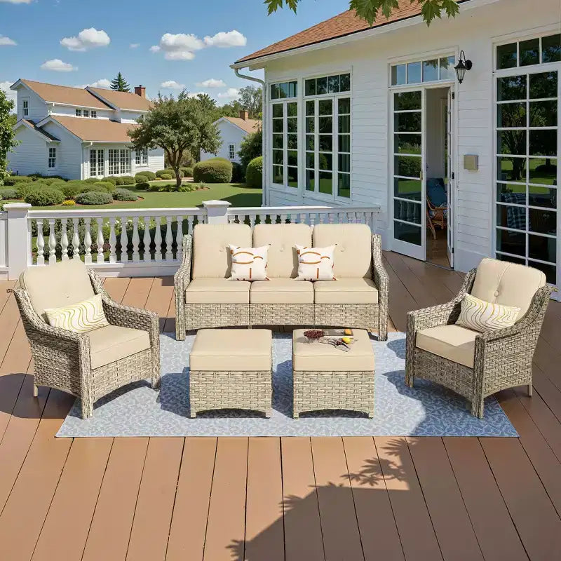 HOMLUX 5 PCS Outdoor Conversation Set 3-Seat Patio Sofa with Cushion, High Back Rattan Chairs, Ottomans