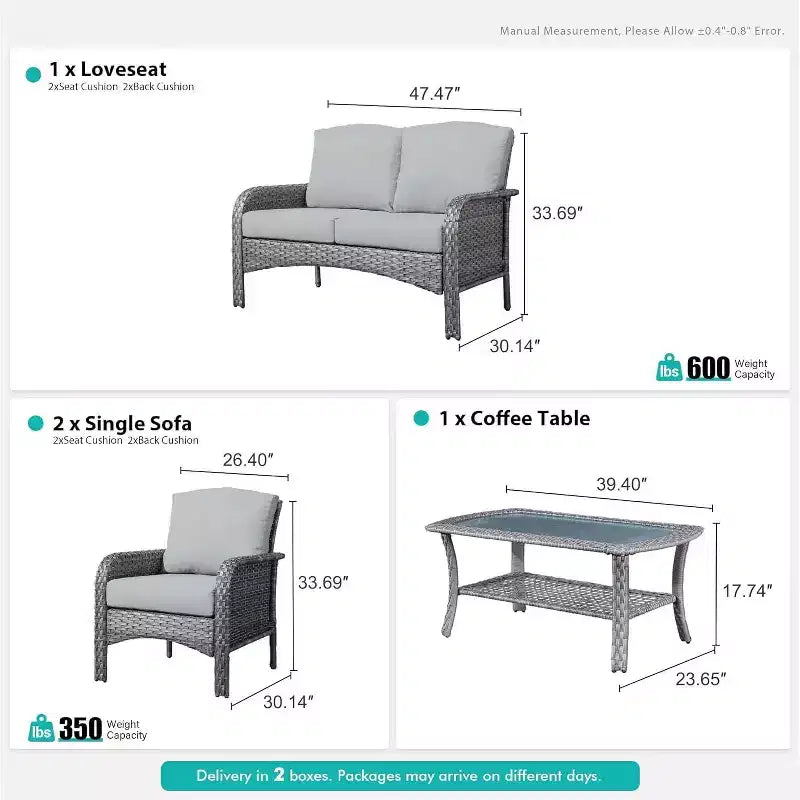 HOMLUX Ensemble de conversation de patio 4 pièces Chaises et canapé en rotin tressé d'extérieur, toutes saisons, dossier haut