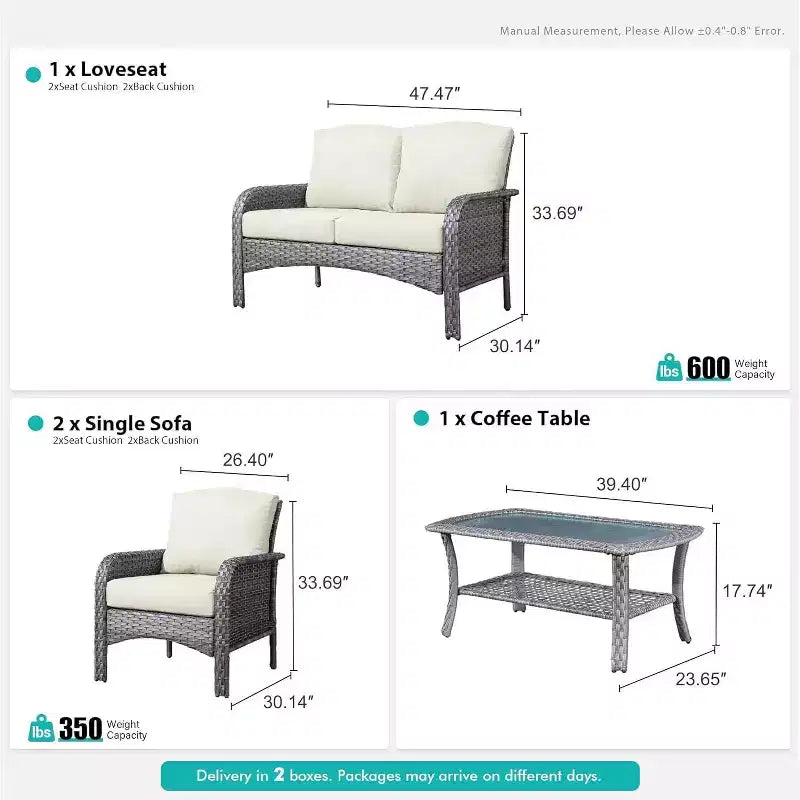 HOMLUX Ensemble de conversation de patio 4 pièces Chaises et canapé en rotin tressé d'extérieur, toutes saisons, dossier haut