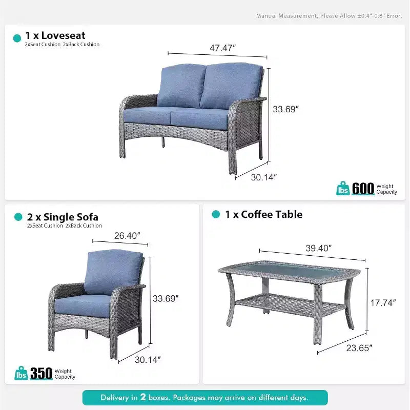 HOMLUX Ensemble de conversation de patio 4 pièces Chaises et canapé en rotin tressé d'extérieur, toutes saisons, dossier haut