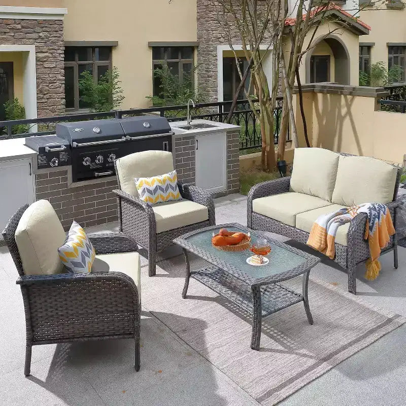 HOMLUX Ensemble de conversation de patio 4 pièces Chaises et canapé en rotin tressé d'extérieur, toutes saisons, dossier haut