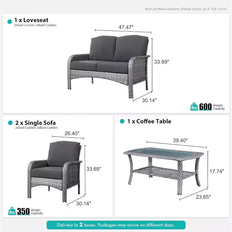 HOMLUX Ensemble de conversation de patio 4 pièces Chaises et canapé en rotin tressé d'extérieur, toutes saisons, dossier haut