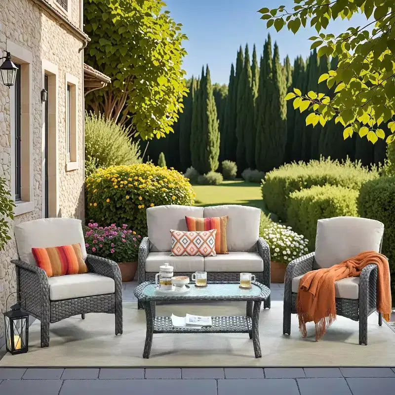 HOMLUX 4 PCS Patio Conversation Set Outdoor Wicker Rattan Chairs & Sofa Set, All Weather, High Back
