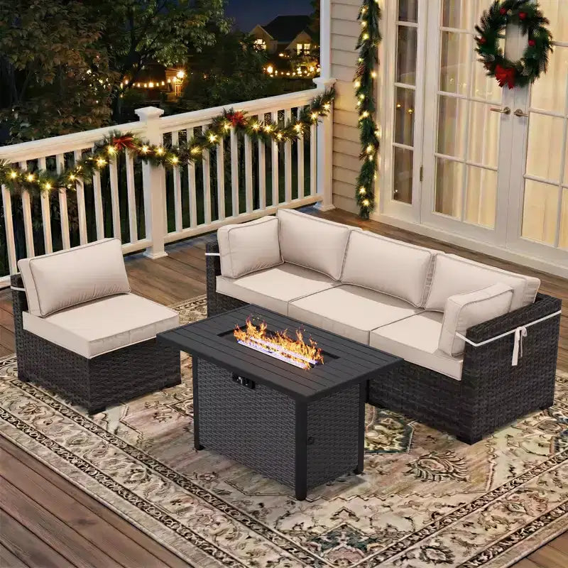 UPTIOT 5-Piece Patio Set: 2 Corner Sofas, 2 Side Chairs & Grey Fire Pit Table for Ultimate Outdoor Comfort and Entertainment