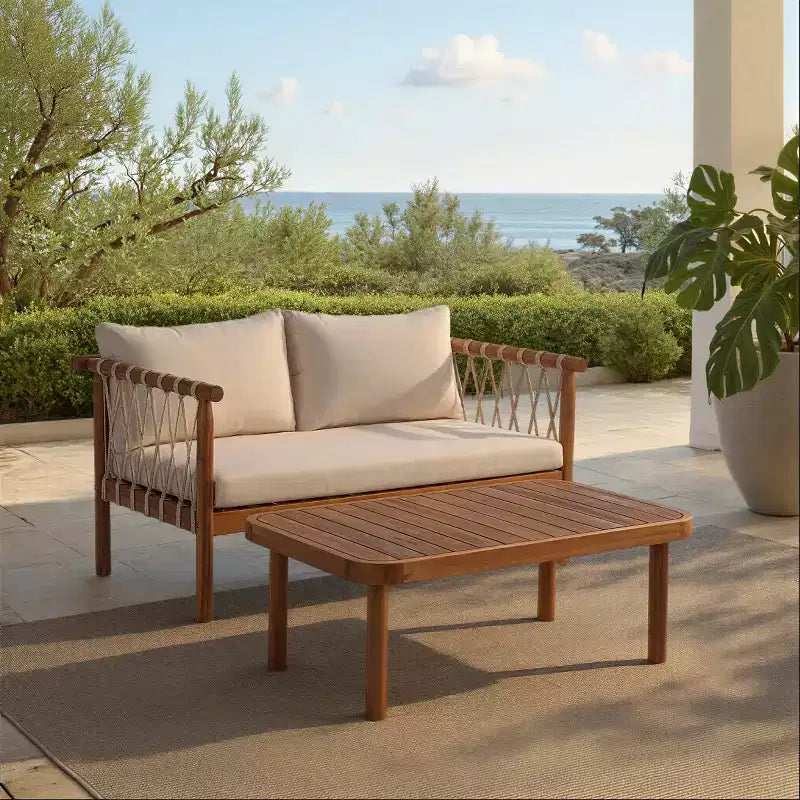 Ensemble patio banquette et table Sabrina - Intérieur/Extérieur - PAT6810 - Teck brun/Crème - Safavieh